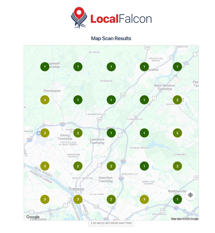 Google Map grid scan showing Imagine Advanced Dental Arts ranked in the top 3 across all 25 points